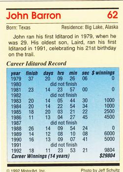 1992 MotorArt Iditarod Sled Dog Race #62 John Barron Back